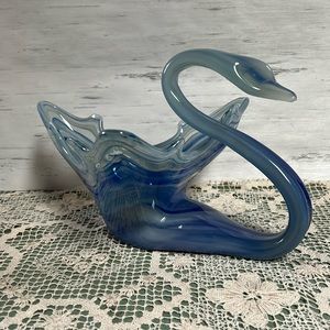 Vintage Hand Blown Blue Art Glass Swan Murano Style Swirl Bowl Centerpiece